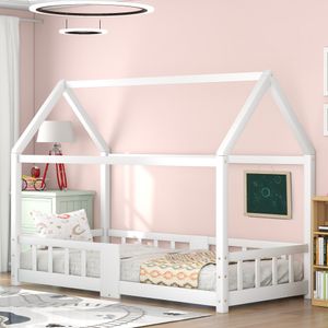 Dětská postel Merax, 90x200 cm, jednolůžko z borovicového dřeva, domácí postel včetně ochrany proti vypadnutí, rám postele s roštem a zábranou, postel z masivu, postel pro mládež