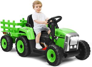 Traktor mit Abnehmbarem Anhänger, Kindertraktor mit LED-Licht & Musik & Fernbedienung, Trettraktor mit max. Tragfähigkeit von 30 kg, Aufsitztraktor (Grün)