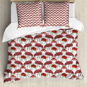 ABAKUHAUS Flamingo Bettbezugs Set Für Doppelbetten, Künstlerische Blumenvögel, Milbensicher Allergiker geeignet mit Kissenbezügen, Meeresgrün Korallenrot Rot