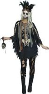 Voodoo Priesterin Damen Poncho mit Skelett-Druck und 3D-Knochen