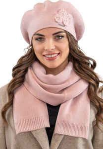 Vivisence damen baskenmütze eleganter wintermütze und schal set warm kopfbedeckung und halsbedeckung an winter und herbst warm dick, winterset für frauen, hergestellt in der eu, rosa, einheitsgröße