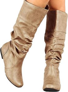 ASKSA Damen Stiefeletten Overknees Stiefel Flach Cowboystiefel Kniehoch Langschaft Stiefel, Khaki, Größe: 38