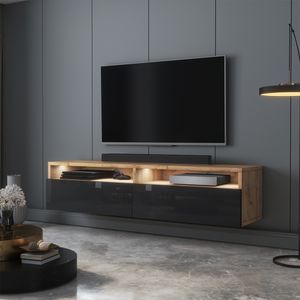 Selsey TV-Schrank  REDNAW - modernes TV-Board in Wotan Eiche Matt / Schwarz Hochglanz mit LED, stehend / hängend, 140 cm breit