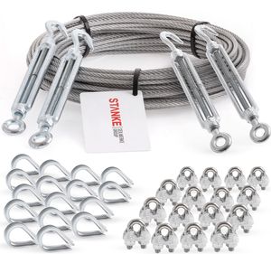 Seilwerk STANKE Rankhilfe Drahtseil verzinkt 20m Stahlseil 3mm 6x7, 4x Spannschloss M5 Haken+Öse, 16x Kausche, 16x Bügelformklemme - SET 6