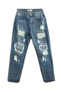 Damen Mom High-Waist Denim Jeans Zerstörte Weite Hose Destroyed Risse Design Boyfriend Pants, Farben:Blau, Größe:34