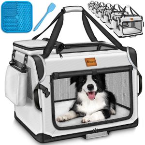 TRESKO® Hundebox faltbar Grau (XXL 92x63x63cm) inkl. Leckmatte, Spatel & Reflektoren | Transportbox für Hunde und Katzen | Hundetransportbox für kleine & große Hunde | Hundetasche robust