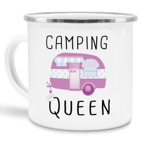 Tassendruck Emaille Campingtasse mit Spruch "Camping Queen" - 300 ml - Perfektes Geschenk für coole Camper! Einzigartige Geschenk-Idee für Abenteuerlustige | silberner Rand