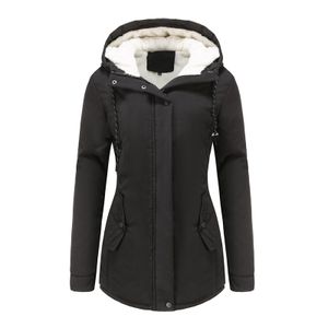 Damen Pelz gefütterte Kapuzen-Reißverschluss-Mäntel Warme Knöpfe Jacke Outwear Tops,Farbe: Schwarz,Größe:L