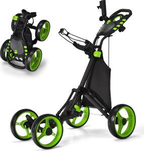 Golfový vozík COSTWAY, ľahký skladací golfový vozík so 4 kolieskami, golfový vozík s nepremokavou taškou a nožnou brzdou, bezplatný pohár čierny