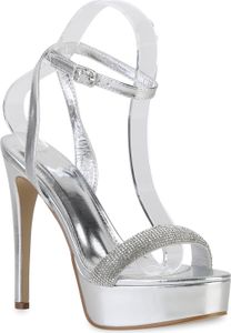 VAN HILL Damen Plateau Sandaletten Stiletto Party Strass Plateau-Schuhe 840042, Farbe: Silber, Größe: 37