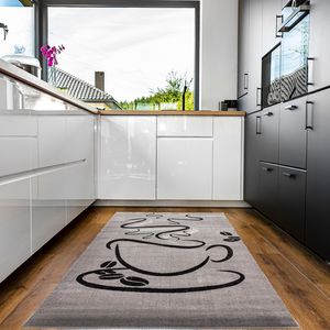 Küchenteppich Grau Trendiger Kaffee Teppich, Cappuccino Muster Tasse Kurzflor, Maße:140x200 cm