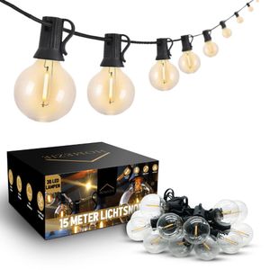 Homezie Lichterkette | 15 Meter | Innen- und Außenbereich | 50 LED-Kunststoffbirnen warmweiß | Wasserdicht | Lichtergirlande | Gartenbeleuchtung | Lichtergirlande | Lichterkette für den Außenbereich | Stichelschnur | Ke