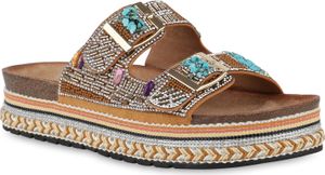 VAN HILL Damen Pantoletten Sandaletten Strass Zierperlen Plateau Schuhe 841100, Farbe: Hellbraun, Größe: 38