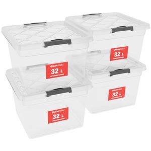 ATHLON TOOLS 4x 32 L Aufbewahrungsboxen mit Deckel, lebensmittelecht - Verschlussclips - 100% Neumaterial Plastik-Box transparent