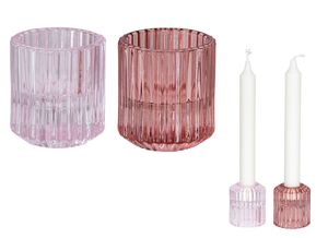 2er Set Kerzenhalter Teelichthalter Glas Rosa Pink 2in1 Stabkerze Tischdeko