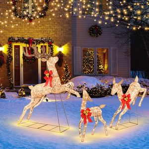 COSTWAY 3-teiliges LED Rentier Familie, Weihnachtsdeko, beleuchtetes Rentier Weihnachtsfigur mit 255 warmweißen Lichtern, Weihnachtsbeleuchtung Weihnachtsdekoration für außen und innen