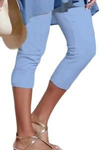 Damen Sommer Einfarbig Einfache Komfortabel Casual Slim Fit Capris Sport Leggings Hellblau,Größe Xl