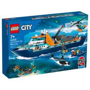 LEGO 60368 City Arktis-Forschungsschiff, großes schwimmfähiges Spielzeug-Boot mit Hubschrauber, Beiboot, ROV-U-Boot, Wikingerschiffswrack, 7 Minifiguren & Orca-Figur, Geschenk für Kinder ab 7 Jahren