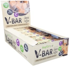 PROTEINRIEGEL VEGAN 24er Box - High Protein Bar 50g - LowCarb Riegel V-BAR - Choco Toffee Geschmack - nur 155 Kalorien - 16 g Eiweiß - veganer Eiweißriegel ohne Zusatz von Zucker