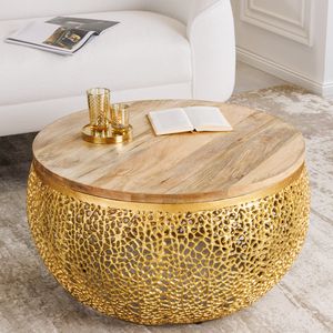 riess-ambiente Design Couchtisch ABSTRACT LEAF 80cm gold Mangoholz massiv Metall rund Beistelltisch Tisch