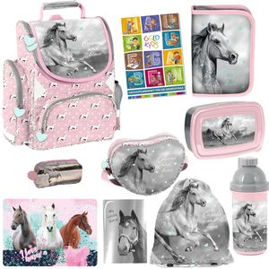 Set 10er Schulranzen Ranzen Tornister Schulrucksack Federmappe Turnbeutel Brotdose Tagebuch Trinkflasche Malunterlage Stiftetasche Aufgabenheft Pferd Horse Motiv ab 1 Klasse