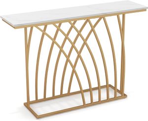 COSTWAY Konsolentisch schmal, Flurtisch Marmor Optik, Beistelltisch mit geometrischem Metallrahmen, Sofatisch modern 120 x 30 x 80 cm, für Wohnzimmer, Flur, Eingang