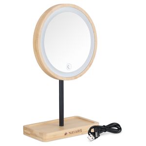 Navaris Kosmetikspiegel mit LED Beleuchtung - Bambus Schminkspiegel mit Schmuckaufbewahrung - Spiegel zum Schminken und Frisieren - Standspiegel rund