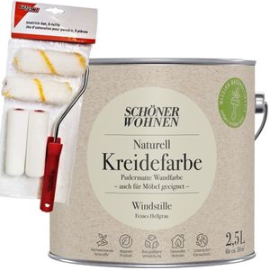 2,5L Schöner Wohnen Naturell Kreidefarbe Windstille, Feines Hellgrau + Farbroller-Set 5-teilig