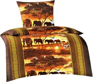 4 teilig Bettwäsche Bettgarnitur Bettbezug Bett 135x200 Kissenbezug 80x80 Mikrofaser Elefanten Karawane Gold Braun Tiermotiv