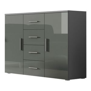 Furniture24 Kommode Uni - SOHO Sideboard mit 4 Schubladen, 2 Türen Grau/Grau Hochglanz