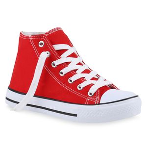 Mytrendshoe Damen Sneakers High Top Sportschuhe Stoffschuhe Schnürer 816743, Farbe: Rot, Größe: 36