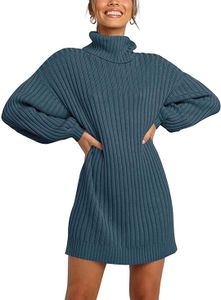 ASKSA Damen Rollkragen Pulloverkleid Einfarbig Laterne Ärmel Tunika Lange Winter Strickkleid, Blau, S
