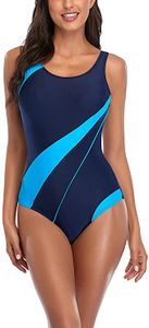 ASKSA Damen U-Ausschnitt Streifen Badeanzug Schwimmanzug Push Up Figurformend Bauchweg Badebekleidung, Blau, XXL
