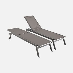 Set mit 2 ELSA Sonnenliegen aus grauem Aluminium und dunkelgrauem Textilene, Liegestühle mit mehreren Positionen und Rädern