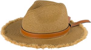 styleBREAKER Damen Panama Sonnenhut mit braunem Zierband, breite ausgefranste Krempe, Strohhut, Hut 04025029, Farbe:Braun