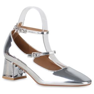 VAN HILL Damen Mary Janes Pumps Klassische Eckige Absatz-Schuhe 841164, Farbe: Silber, Größe: 41