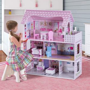 COSTWAY Drevený domček pre bábiky, domček pre bábiky s nábytkom a príslušenstvom, vila pre bábiky 3 poschodia, domček pre bábiky pre dievčatá