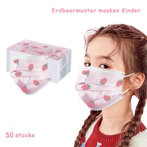 50 Stück Kinder Einwegmaske mit Erdbeer  ,3-schicht Kind Filter ， Blockieren Sie feine Partikel