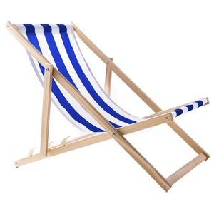 Woodok Liegestuhl aus Buchholz Strandstuhl Sonnenliege Gartenliege für Strand, Garten, Balkon und Terrasse Liege Klappbar bis 120kg Blau/weiß