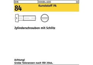 Zylinderschraube DIN 84/ISO 1207 Schlitz M 3 x 8 Polyamid