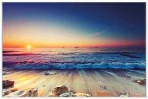 Wallario Wandbild Sonnenuntergang am Meer mit Wellen am Strand, Größe: 61 x 91,50 cm, Poster mit weißem Kunststoffrahmen