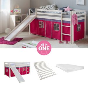 Homestyle4u 2582, Hochbett 90x200 mit Matratze Rutsche Vorhang pink Kinderbett Weiß Holz Kiefer Massiv Spielbett Lattenrost