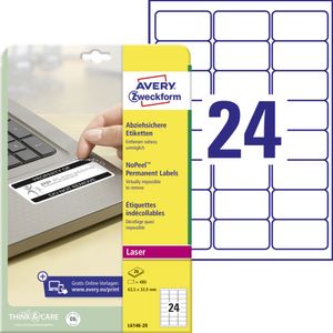 Avery Zweckform L6146-20 Abziehsichere Etiketten, 63,5 x 33,9 mm, 20 Bogen/480 Etiketten, weiß