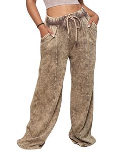 Damen Mit Taschenhosen Urlaubsbreite Beinböden Lose Fit Drawess Loungewear,Farbe:Khaki,Größe:S