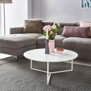 FineBuy designový konferenční stolek 80 cm kulatý bílý matně lakovaný, moderní obývací stůl MDF dřevo, obývací stůl kovový rám