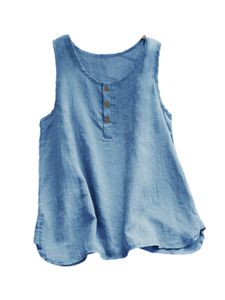 Damen Ärmellos Rundhals Tank Tops Einfarbig Baumwolle Hanf Oberteile Komfort Weich Bluse Blau,Größe S
