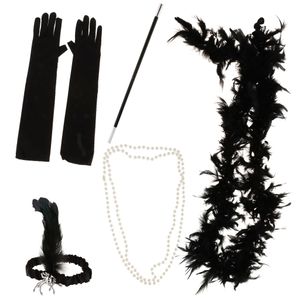 1920er Jahre Charleston Party Zubehörset Gatsby Flappers Kostüm Accessoires Set Feder Stirnband Perlen Halskette Satin Handschuhe Farbe Schwarz