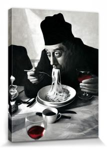 Kochkunst Poster Leinwandbild Auf Keilrahmen - Spaghetti, Rotwein, Don Camillo (80 x 60 cm)