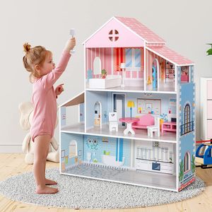 Puppenhaus aus Holz mit Möbeln und Zubehör, Spielset mit 3 Spielebenen, doll House, Puppen Haus Spielzeug für Kinder 3-7 Jahre