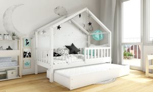 DOMI BIS2 Hausbett Kinderbett Holzbett 100x200 Weiß, Schubkasten mit Schlaffunktion, 2 Lattenroste, Rausfallschutz